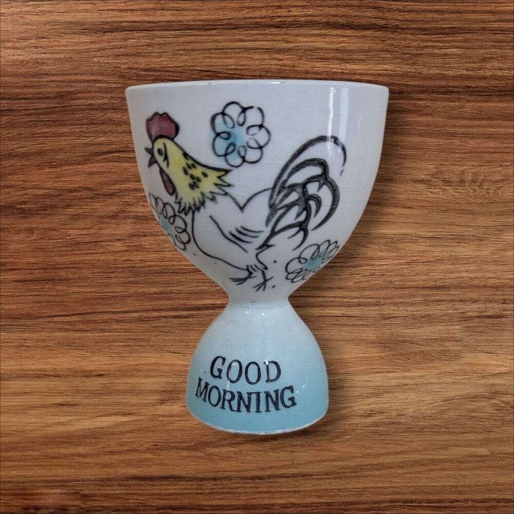 vintage Good Morning Rooster Ceramic Egg Cup White  Blue‎ 3.5 Farmhouse Kitsch